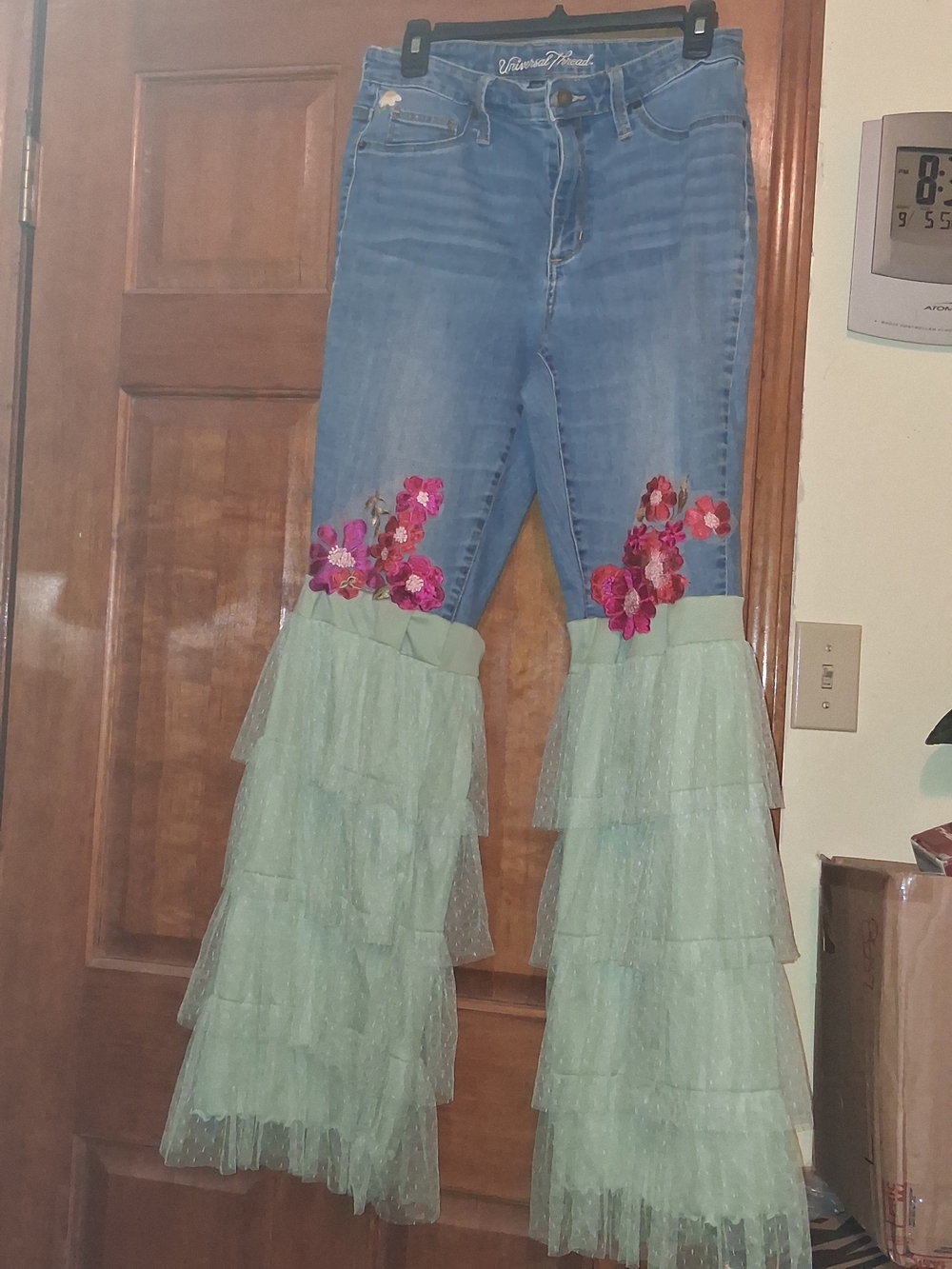 Embellished Light Blue Denim Jeans with Mint Tulle Ruffles